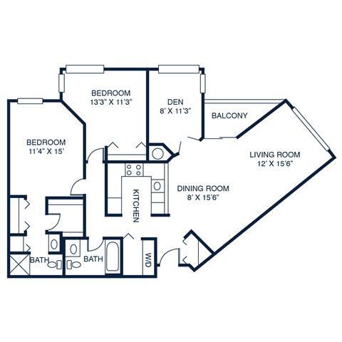 Floor plan for 2 beds, 2 baths, 1296 sqft